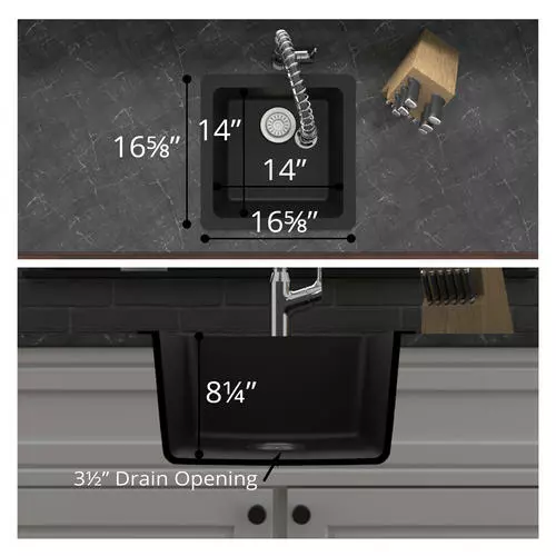 Tuscany Undermount 17" Black Quartz Composite Single Bowl Kitchen Sink 3 Tuscany Undermount 17" Black Quartz Composite Single Bowl Kitchen Sink - Image 3