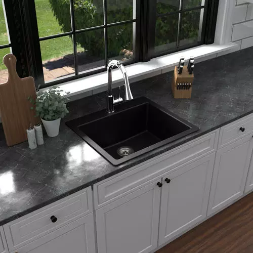 Tuscany Dual Mount 25" Black Quartz Composite 1-Hole Single Bowl Kitchen Sink 3 Tuscany Dual Mount 25" Black Quartz Composite 1-Hole Single Bowl Kitchen Sink - Image 3