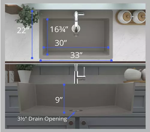 Tuscany Dual Mount 33" Concrete Quartz Composite 1-Hole Single Bowl Kitchen Sink 5 Tuscany Dual Mount 33" Concrete Quartz Composite 1-Hole Single Bowl Kitchen Sink - Image 5