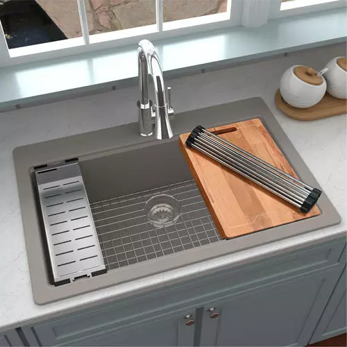 Tuscany Dual Mount 33" Concrete Quartz Composite 1-Hole Single Bowl Workstation Kitchen Sink 2 Tuscany Dual Mount 33" Concrete Quartz Composite 1-Hole Single Bowl Workstation Kitchen Sink - Image 2
