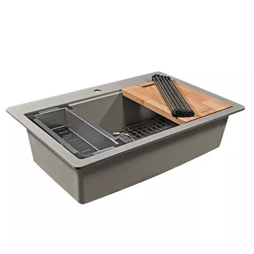 Tuscany Dual Mount 33" Concrete Quartz Composite 1-Hole Single Bowl Workstation Kitchen Sink 1 Tuscany Dual Mount 33" Concrete Quartz Composite 1-Hole Single Bowl Workstation Kitchen Sink
