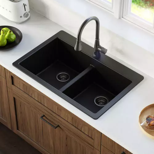 Tuscany Dual Mount 33" Black Quartz Composite 1-Hole Double Bowl Kitchen Sink 3 Tuscany Dual Mount 33" Black Quartz Composite 1-Hole Double Bowl Kitchen Sink - Image 3