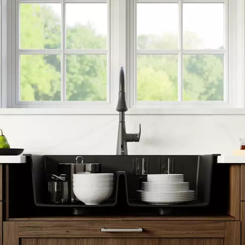 Tuscany Dual Mount 33" Black Quartz Composite 1-Hole Double Bowl Kitchen Sink 4 Tuscany Dual Mount 33" Black Quartz Composite 1-Hole Double Bowl Kitchen Sink - Image 4