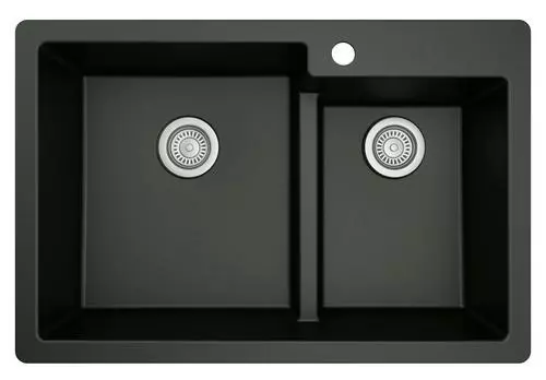 Tuscany Dual Mount 33" Black Quartz Composite 1-Hole Double Bowl Kitchen Sink 5 Tuscany Dual Mount 33" Black Quartz Composite 1-Hole Double Bowl Kitchen Sink - Image 5
