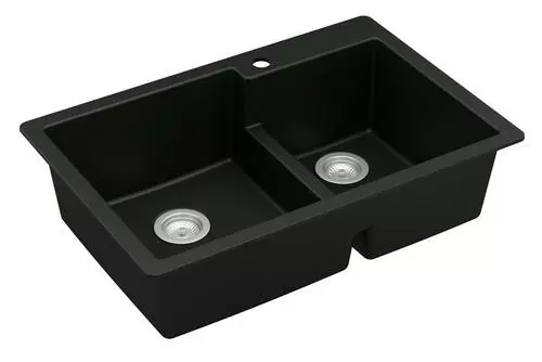 Tuscany Dual Mount 33" Black Quartz Composite 1-Hole Double Bowl Kitchen Sink 1 Tuscany Dual Mount 33" Black Quartz Composite 1-Hole Double Bowl Kitchen Sink