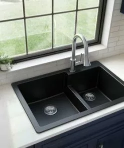 Tuscany Dual Mount 33" Black Quartz Composite 1-Hole Double Bowl Kitchen Sink 13 Tuscany Dual Mount 33" Black Quartz Composite 1-Hole Double Bowl Kitchen Sink -Tuscany Shop 33229 6040 BLK 6 1