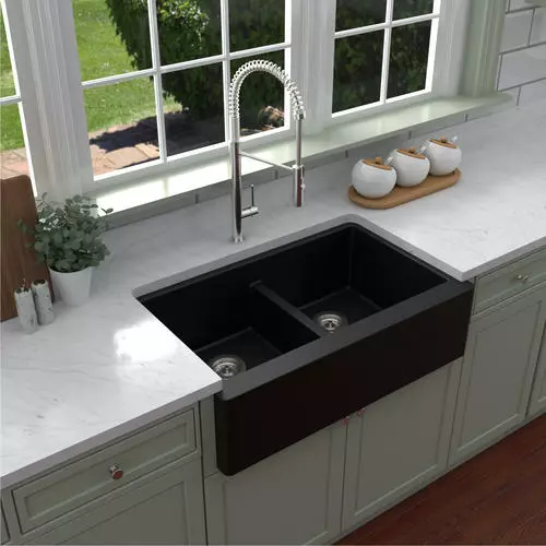 Tuscany Farmhouse/Apron Front 34" Black Quartz Composite Double Bowl Kitchen Sink 2 Tuscany Farmhouse/Apron Front 34" Black Quartz Composite Double Bowl Kitchen Sink - Image 2