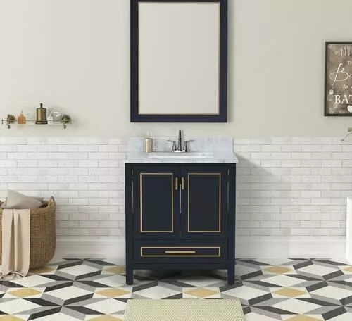 Tuscany® Tirana 30"W X 22"D Blue Vanity And Carrara Marble Vanity Top With Rectangular Undermount Bowl 6 Tuscany® Tirana 30"W X 22"D Blue Vanity And Carrara Marble Vanity Top With Rectangular Undermount Bowl - Image 6