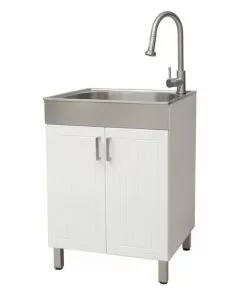 Tuscany® 24"W X 21-1/4"D White Cabinet & Stainless Steel Laundry/Utility Sink With Faucet