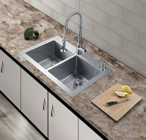 Tuscany® Volk Dual Mount 33" Stainless Steel 2-Hole Double Bowl Kitchen Sink 4 Tuscany® Volk Dual Mount 33" Stainless Steel 2-Hole Double Bowl Kitchen Sink - Image 4