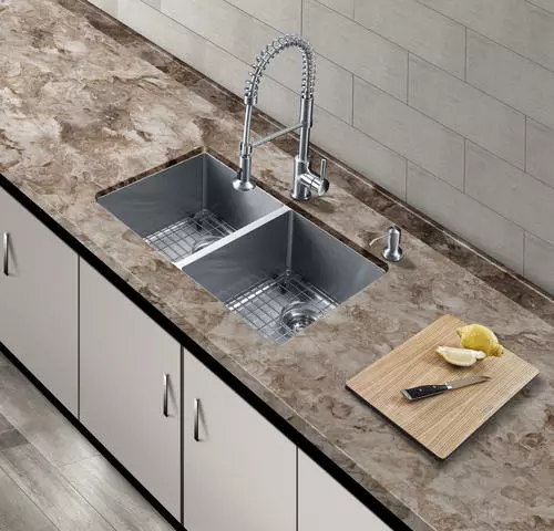 Tuscany® Volk Dual Mount 33" Stainless Steel 2-Hole Double Bowl Kitchen Sink 5 Tuscany® Volk Dual Mount 33" Stainless Steel 2-Hole Double Bowl Kitchen Sink - Image 5