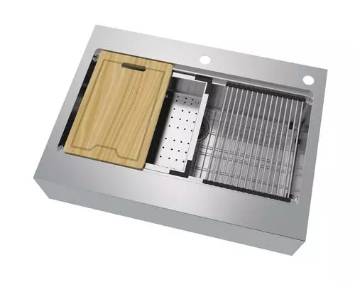 Tuscany® Acadian Farmhouse/Apron Front 33" Stainless Steel 2-Hole Single Bowl Kitchen Sink 2 Tuscany® Acadian Farmhouse/Apron Front 33" Stainless Steel 2-Hole Single Bowl Kitchen Sink - Image 2