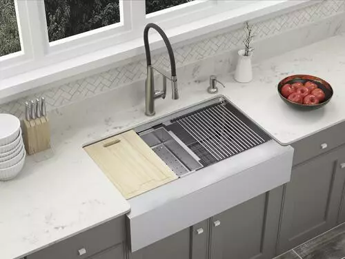 Tuscany® Acadian Farmhouse/Apron Front 33" Stainless Steel 2-Hole Single Bowl Kitchen Sink 8 Tuscany® Acadian Farmhouse/Apron Front 33" Stainless Steel 2-Hole Single Bowl Kitchen Sink - Image 8