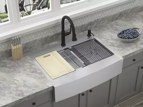 Tuscany™ Acadian Farmhouse/Apron Front 33" Stainless Steel Work Station 2-Hole Single Bowl Kitchen Sink 2 Tuscany™ Acadian Farmhouse/Apron Front 33" Stainless Steel Work Station 2-Hole Single Bowl Kitchen Sink - Image 2