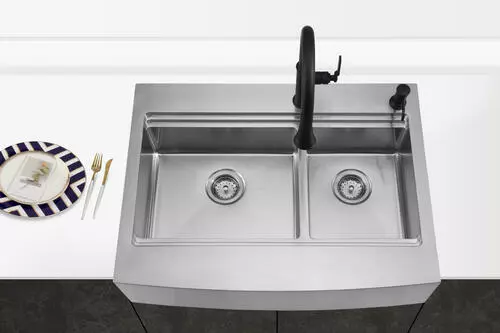 Tuscany™ Acadian Farmhouse/Apron Front 33" Stainless Steel 2-Hole Double Bowl Kitchen Sink 5 Tuscany™ Acadian Farmhouse/Apron Front 33" Stainless Steel 2-Hole Double Bowl Kitchen Sink - Image 5