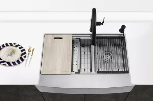 Tuscany™ Acadian Farmhouse/Apron Front 33" Stainless Steel 2-Hole Double Bowl Kitchen Sink 6 Tuscany™ Acadian Farmhouse/Apron Front 33" Stainless Steel 2-Hole Double Bowl Kitchen Sink - Image 6