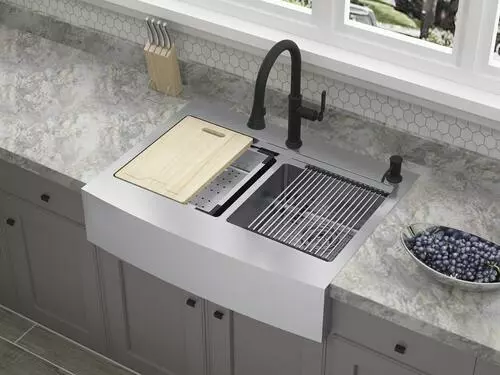 Tuscany™ Acadian Farmhouse/Apron Front 33" Stainless Steel 2-Hole Double Bowl Kitchen Sink 9 Tuscany™ Acadian Farmhouse/Apron Front 33" Stainless Steel 2-Hole Double Bowl Kitchen Sink - Image 9