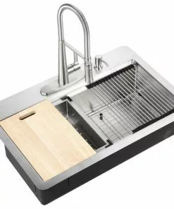 Tuscany® Acadian™ All-in-One Dual Mount 33" Stainless Steel 4-Hole Single Bowl Kitchen Sink
