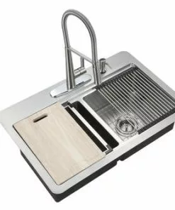 Tuscany® Acadian All-in-One Dual-Mount Workstation 33" Stainless Steel 4-Hole Double Bowl Kitchen Sink