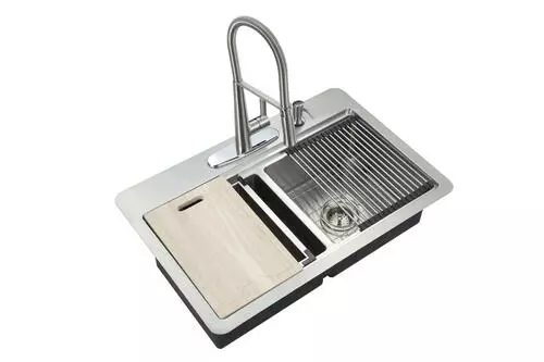 Tuscany® Acadian All-in-One Dual-Mount Workstation 33" Stainless Steel 4-Hole Double Bowl Kitchen Sink 1 Tuscany® Acadian All-in-One Dual-Mount Workstation 33" Stainless Steel 4-Hole Double Bowl Kitchen Sink