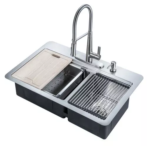 Tuscany® Acadian All-in-One Dual-Mount Workstation 33" Stainless Steel 4-Hole Double Bowl Kitchen Sink 2 Tuscany® Acadian All-in-One Dual-Mount Workstation 33" Stainless Steel 4-Hole Double Bowl Kitchen Sink - Image 2