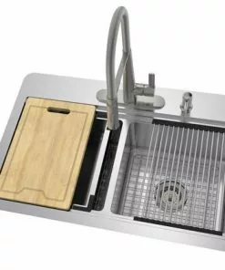 Tuscany® Acadian All-in-One Dual-Mount Workstation 33" Stainless Steel 4-Hole Double Bowl Kitchen Sink -Tuscany Shop 6724142 Angle