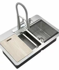 Tuscany® Acadian All-in-One Dual-Mount Workstation 33" Stainless Steel 4-Hole Double Bowl Kitchen Sink