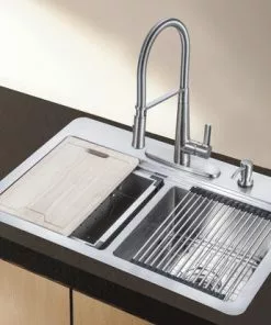 Tuscany® Acadian All-in-One Dual-Mount Workstation 33" Stainless Steel 4-Hole Double Bowl Kitchen Sink -Tuscany Shop 6724142 Scene