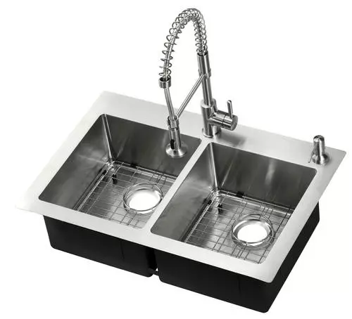 Tuscany® Volk All-in-One Dual Mount 33" Stainless Steel 2-Hole Double Bowl Kitchen Sink 1 Tuscany® Volk All-in-One Dual Mount 33" Stainless Steel 2-Hole Double Bowl Kitchen Sink