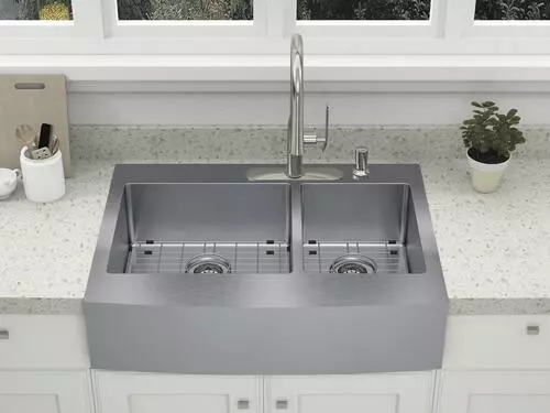 Tuscany® Retrofit Farmhouse/Apron Front 33" Stainless Steel Offset Double Bowl Kitchen Sink 5 Tuscany® Retrofit Farmhouse/Apron Front 33" Stainless Steel Offset Double Bowl Kitchen Sink - Image 5
