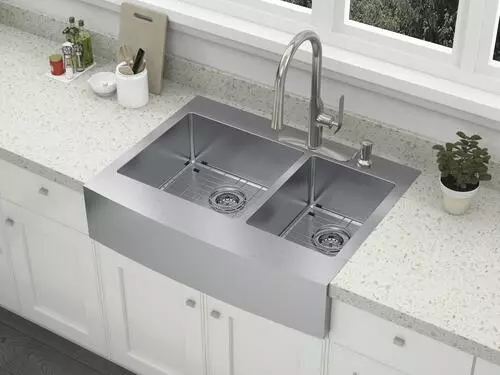 Tuscany® Retrofit Farmhouse/Apron Front 33" Stainless Steel Offset Double Bowl Kitchen Sink 7 Tuscany® Retrofit Farmhouse/Apron Front 33" Stainless Steel Offset Double Bowl Kitchen Sink - Image 7