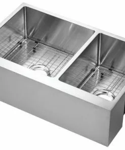 Tuscany® Farmhouse/Apron Front 33" Stainless Steel Offset Double Bowl Kitchen Sink