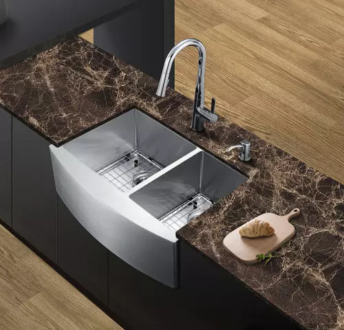 Tuscany® Farmhouse/Apron Front 30" Stainless Steel Offset Double Bowl Kitchen Sink 3 Tuscany® Farmhouse/Apron Front 30" Stainless Steel Offset Double Bowl Kitchen Sink - Image 3