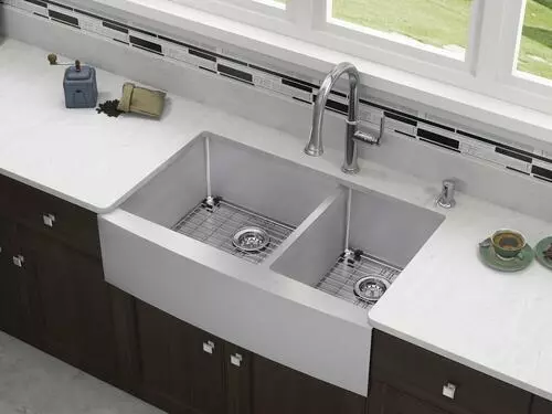 Tuscany® Farmhouse/Apron Front 36" Stainless Steel Offset Double Bowl Kitchen Sink 4 Tuscany® Farmhouse/Apron Front 36" Stainless Steel Offset Double Bowl Kitchen Sink - Image 4