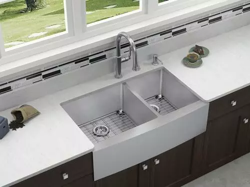 Tuscany® Farmhouse/Apron Front 36" Stainless Steel Offset Double Bowl Kitchen Sink 6 Tuscany® Farmhouse/Apron Front 36" Stainless Steel Offset Double Bowl Kitchen Sink - Image 6