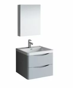 Fresca Tuscany 24"W X 19"D Glossy Gray Wall Hung Vanity And White Acrylic Top With Integrated Rectangular Bowl And Medicine Cabinet