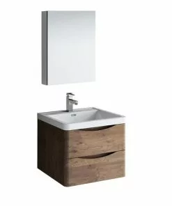 Fresca Tuscany 24"W X 19"D Rosewood Wall Hung Vanity And White Acrylic Top With Integrated Rectangular Bowl And Medicine Cabinet