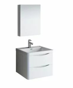 Fresca Tuscany 24"W X 19"D Glossy White Wall Hung Vanity And White Acrylic Top With Integrated Rectangular Bowl And Medicine Cabinet