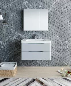 Fresca Tuscany 31.5"W X 19"D Glossy Gray Wall Hung Vanity And White Acrylic Top With Integrated Rectangular Bowl And Medicine Cabinet -Tuscany Shop FVN9032GRG 2