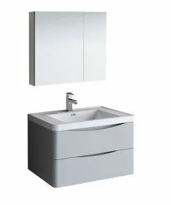 Fresca Tuscany 31.5"W X 19"D Glossy Gray Wall Hung Vanity And White Acrylic Top With Integrated Rectangular Bowl And Medicine Cabinet