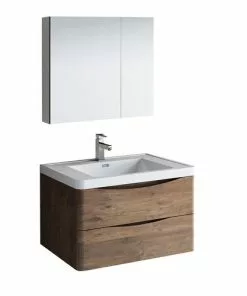 Fresca Tuscany 31.5"W X 19"D Rosewood Wall Hung Vanity And White Acrylic Top With Integrated Rectangular Bowl And Medicine Cabinet