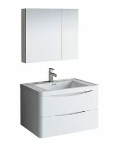 Fresca Tuscany 31.5"W X 19"D Glossy White Wall Hung Vanity And White Acrylic Top With Integrated Rectangular Bowl And Medicine Cabinet