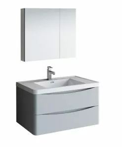 Fresca Tuscany 35.5"W X 19"D Glossy Gray Wall Hung Vanity And White Acrylic Top With Integrated Rectangular Bowl And Medicine Cabinet