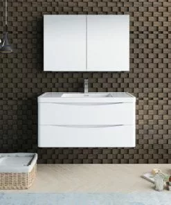 Fresca Tuscany 39.5"W X 19"D Glossy White Wall Hung Vanity And White Acrylic Top With Integrated Rectangular Bowl And Medicine Cabinet -Tuscany Shop FVN9040WH 2