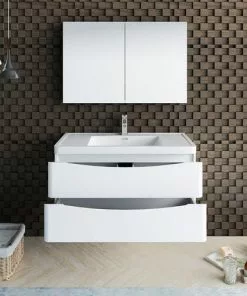 Fresca Tuscany 39.5"W X 19"D Glossy White Wall Hung Vanity And White Acrylic Top With Integrated Rectangular Bowl And Medicine Cabinet -Tuscany Shop FVN9040WH 3