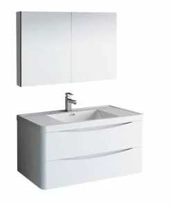 Fresca Tuscany 39.5"W X 19"D Glossy White Wall Hung Vanity And White Acrylic Top With Integrated Rectangular Bowl And Medicine Cabinet
