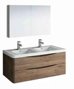 Fresca Tuscany 47"W X 19"D Rosewood Wall Hung Vanity And White Acrylic Top With Integrated Rectangular Bowls And Medicine Cabinet