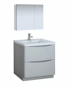 Fresca Tuscany 31.5"W X 19"D Glossy Gray Vanity And White Acrylic Top With Integrated Rectangular Bowl And Medicine Cabinet