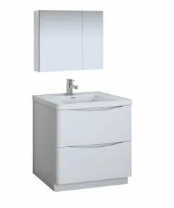 Fresca Tuscany 31.5"W X 19"D Glossy White Vanity And White Acrylic Top With Integrated Rectangular Bowl And Medicine Cabinet
