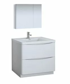Fresca Tuscany 35.5"W X 19"D Glossy White Vanity And White Acrylic Top With Integrated Rectangular Bowl And Medicine Cabinet